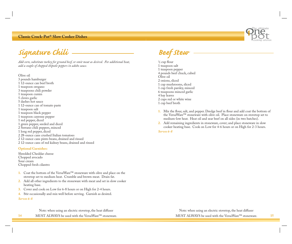 Signature chili, Beef stew | Rival Slow Cooker User Manual | Page 9 / 33