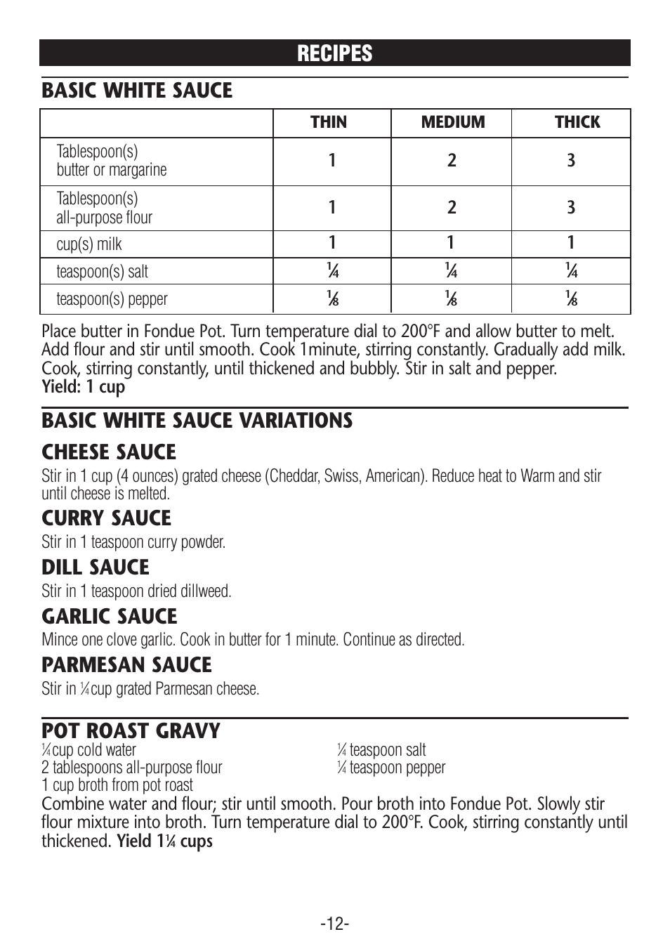 Recipes basic white sauce, Basic white sauce variations cheese sauce, Curry sauce | Dill sauce, Garlic sauce, Parmesan sauce, Pot roast gravy | Rival FD350S CN User Manual | Page 12 / 14