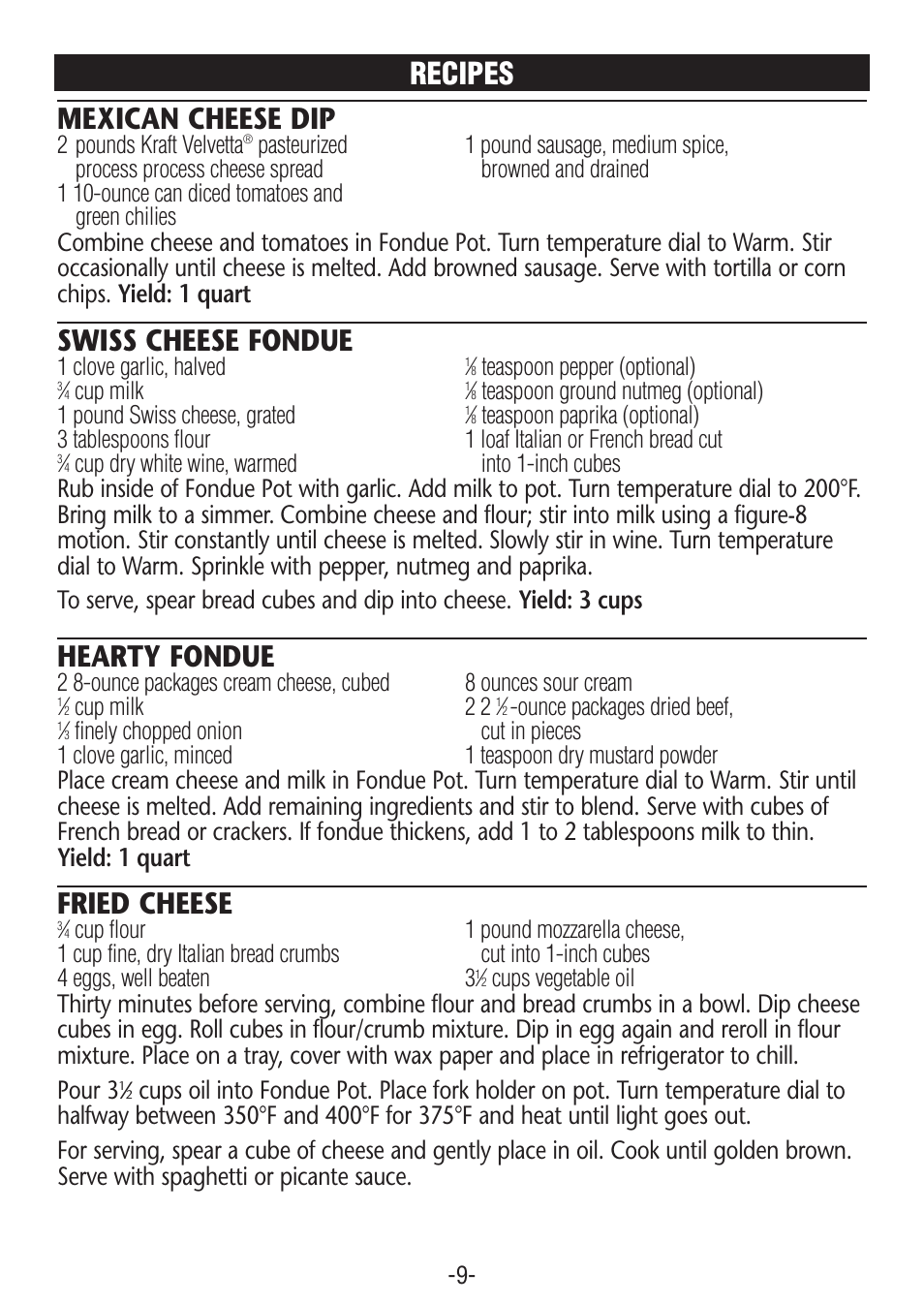 Mexican cheese dip, Swiss cheese fondue, Hearty fondue | Fried cheese, Recipes | Rival FD350S CN User Manual | Page 9 / 14