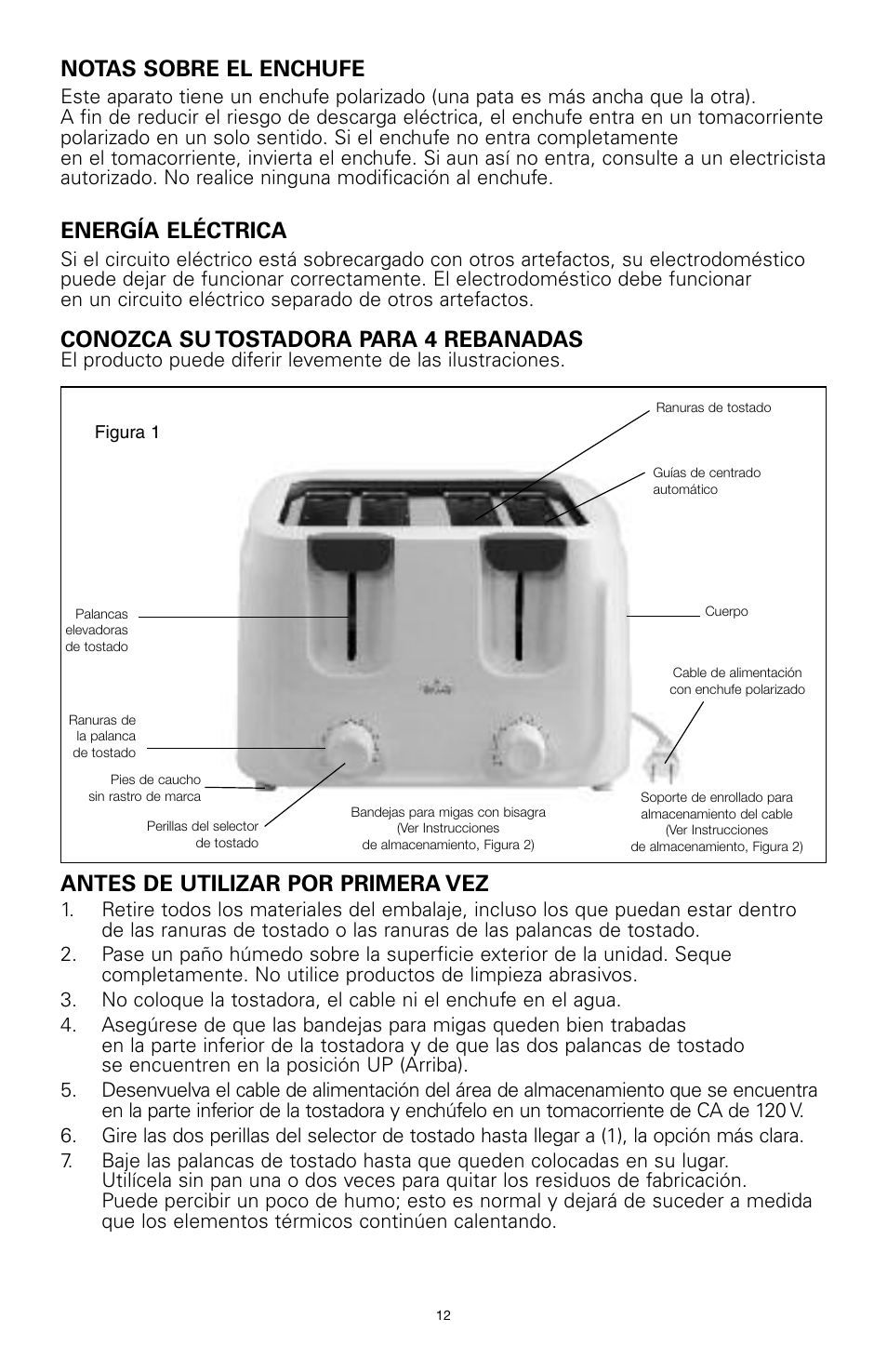 Notas sobre el enchufe, Energía eléctrica, Conozca su tostadora para 4 rebanadas | Antes de utilizar por primera vez | Rival 16042 User Manual | Page 11 / 15