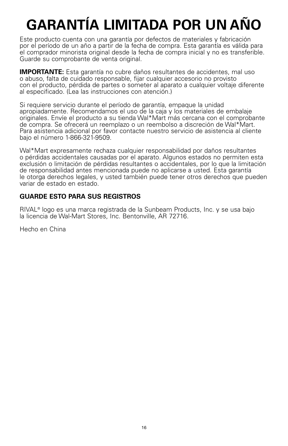 Garantía limitada por un año | Rival 16042 User Manual | Page 15 / 15