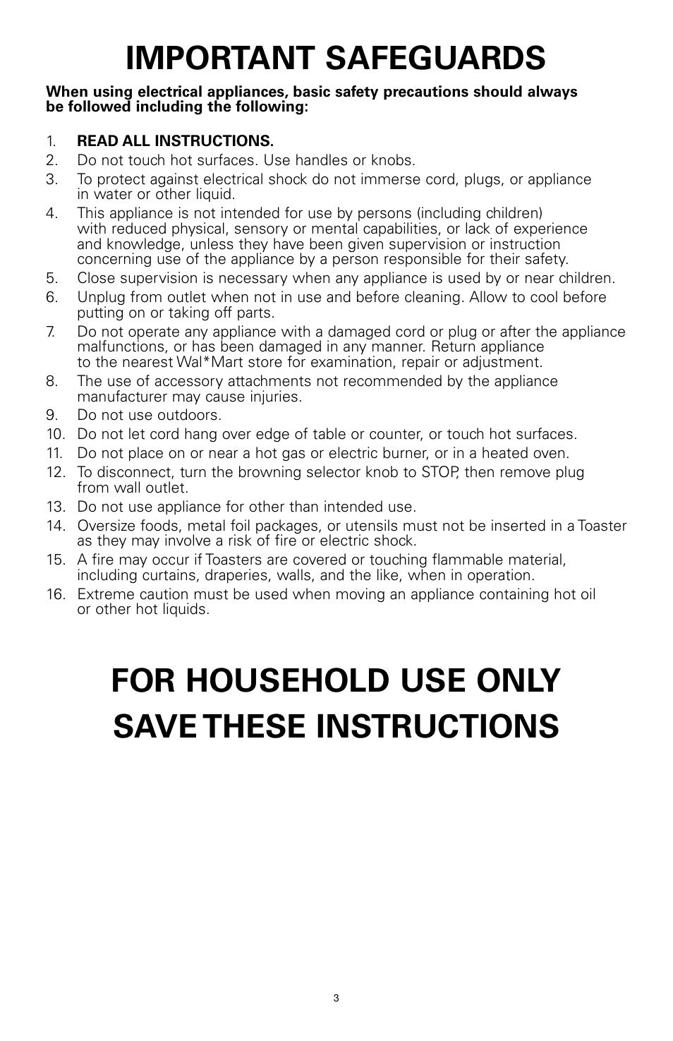 Important safeguards, For household use only save these instructions | Rival 16042 User Manual | Page 2 / 15