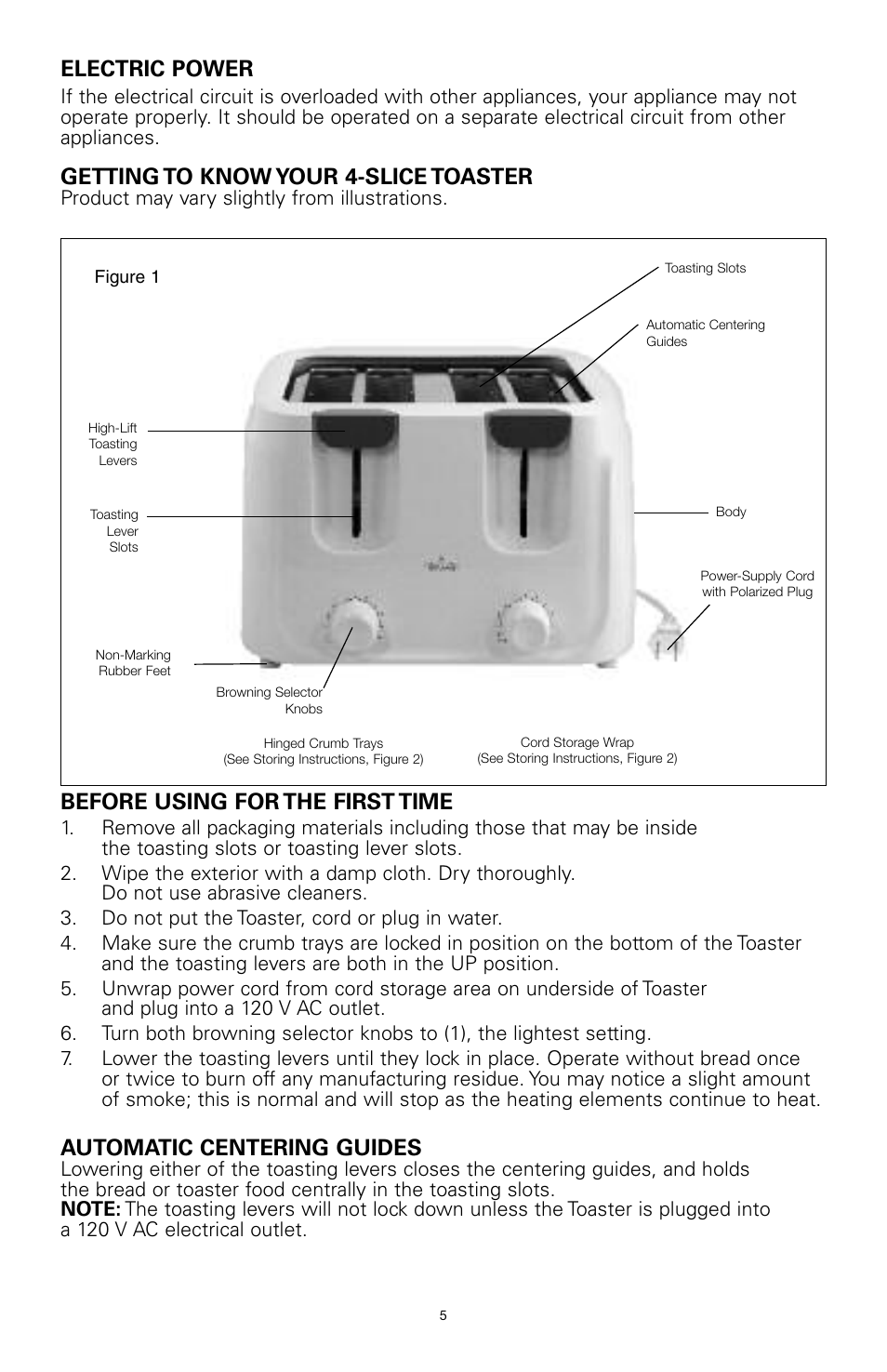 Electric power, Getting to know your 4-slice toaster, Before using for the first time | Automatic centering guides | Rival 16042 User Manual | Page 4 / 15