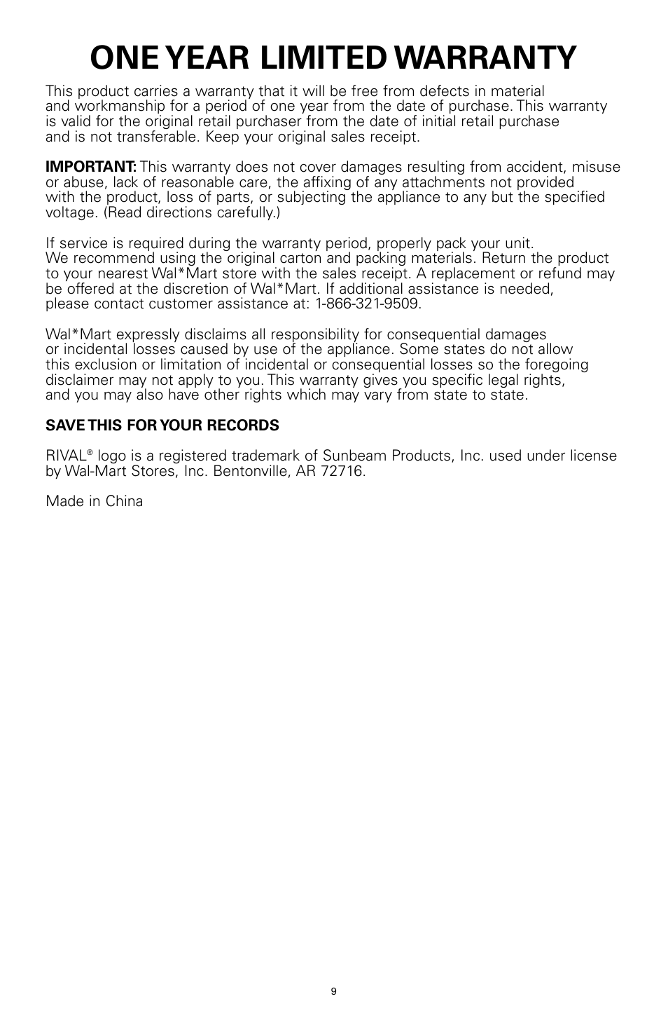 One year limited warranty | Rival 16042 User Manual | Page 8 / 15