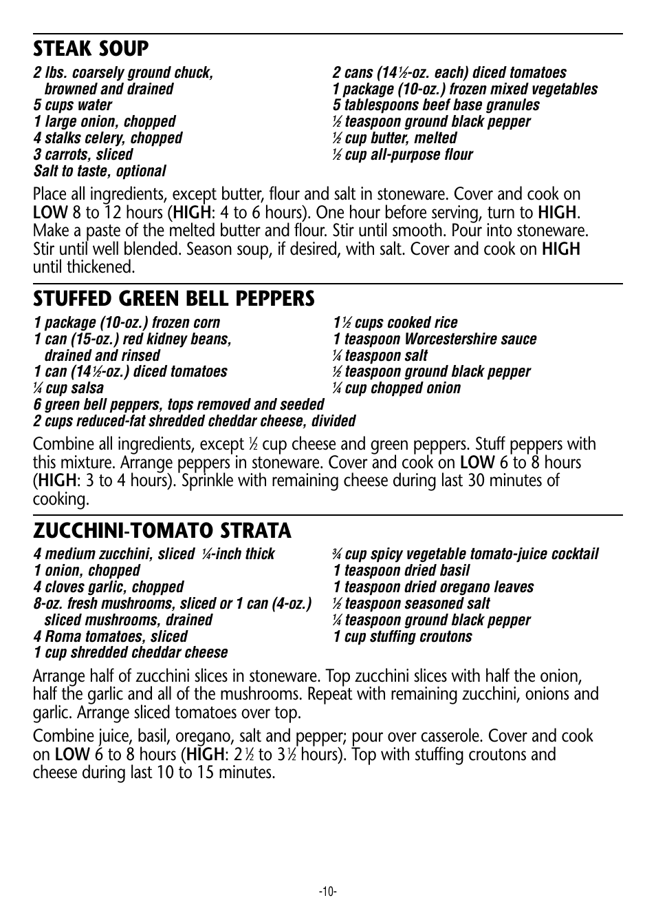 Steak soup, Stuffed green bell peppers, Zucchini-tomato strata | Combine all ingredients, except | Rival 3745 User Manual | Page 10 / 14