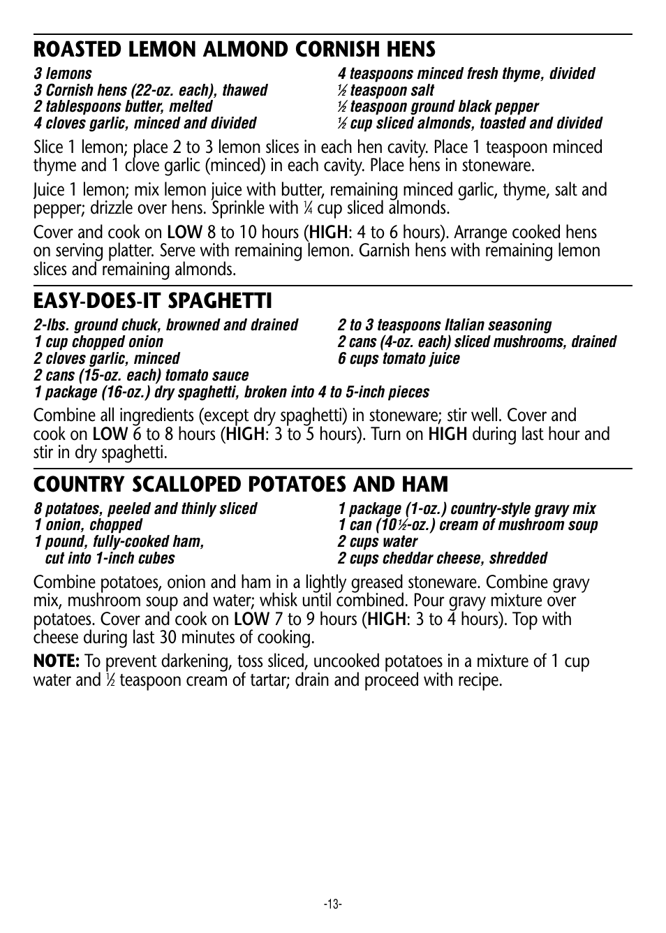 Roasted lemon almond cornish hens, Easy-does-it spaghetti, Country scalloped potatoes and ham | Rival 3745 User Manual | Page 13 / 14