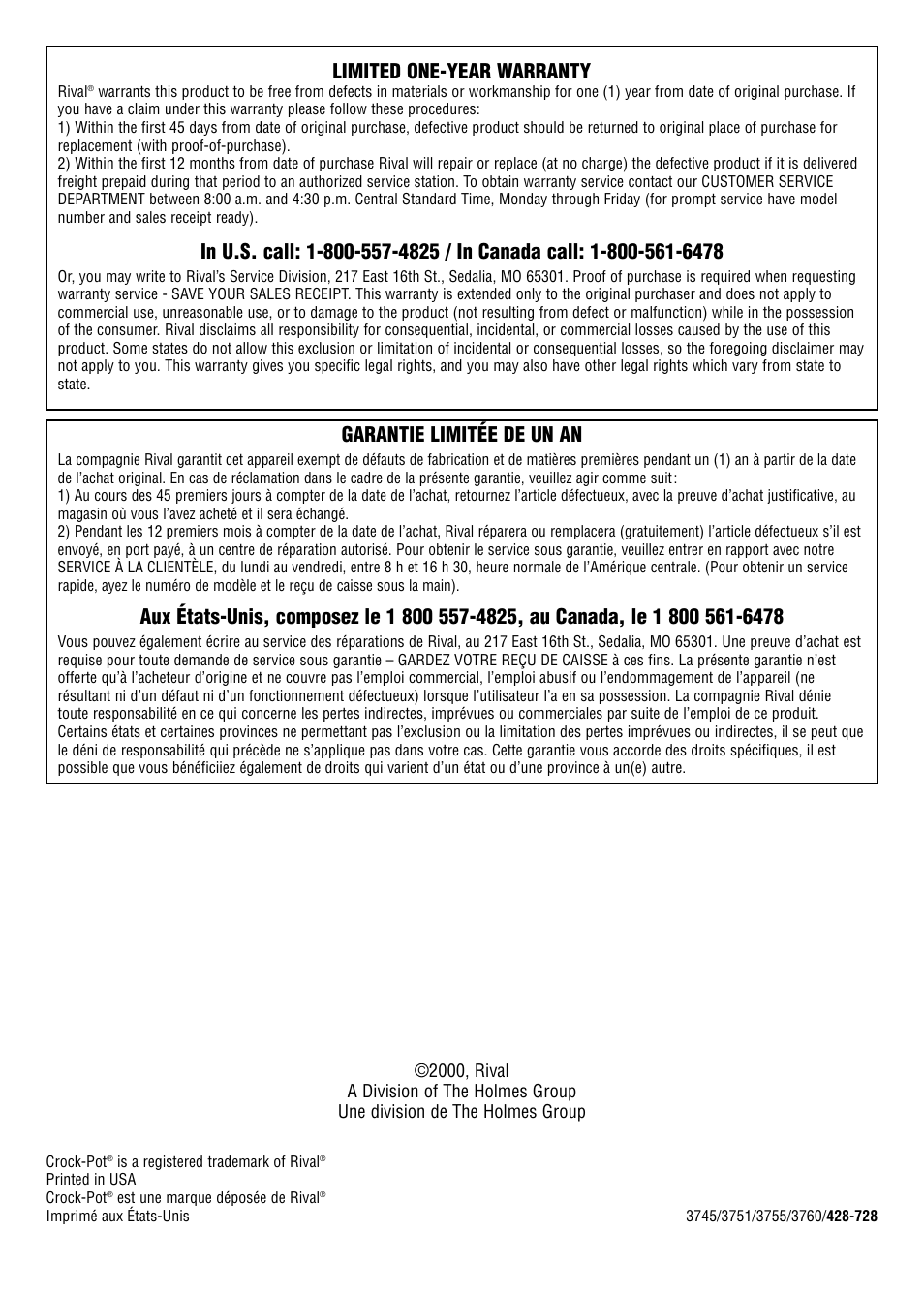 Limited one-year warranty, Garantie limitée de un an | Rival 3745 User Manual | Page 14 / 14