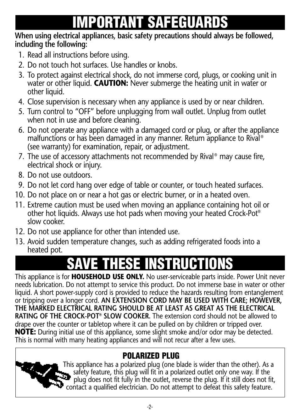 Important safeguards, Save these instructions | Rival 3745 User Manual | Page 2 / 14
