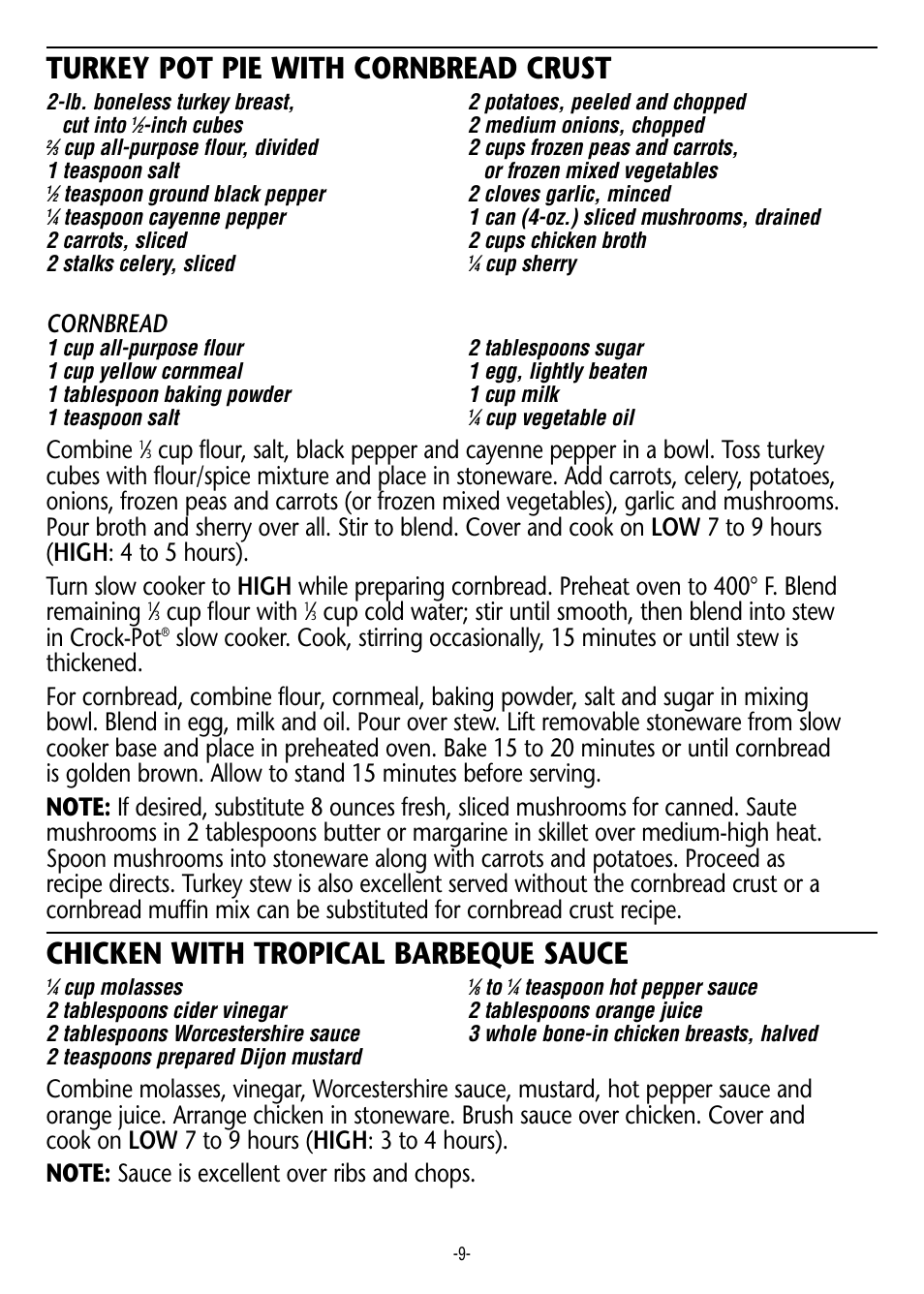 Turkey pot pie with cornbread crust, Chicken with tropical barbeque sauce, Cornbread | Combine, Cup flour with | Rival 3745 User Manual | Page 9 / 14