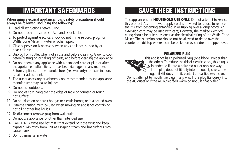 Save these instructions, Important safeguards | Rival WC800-WT User Manual | Page 2 / 6