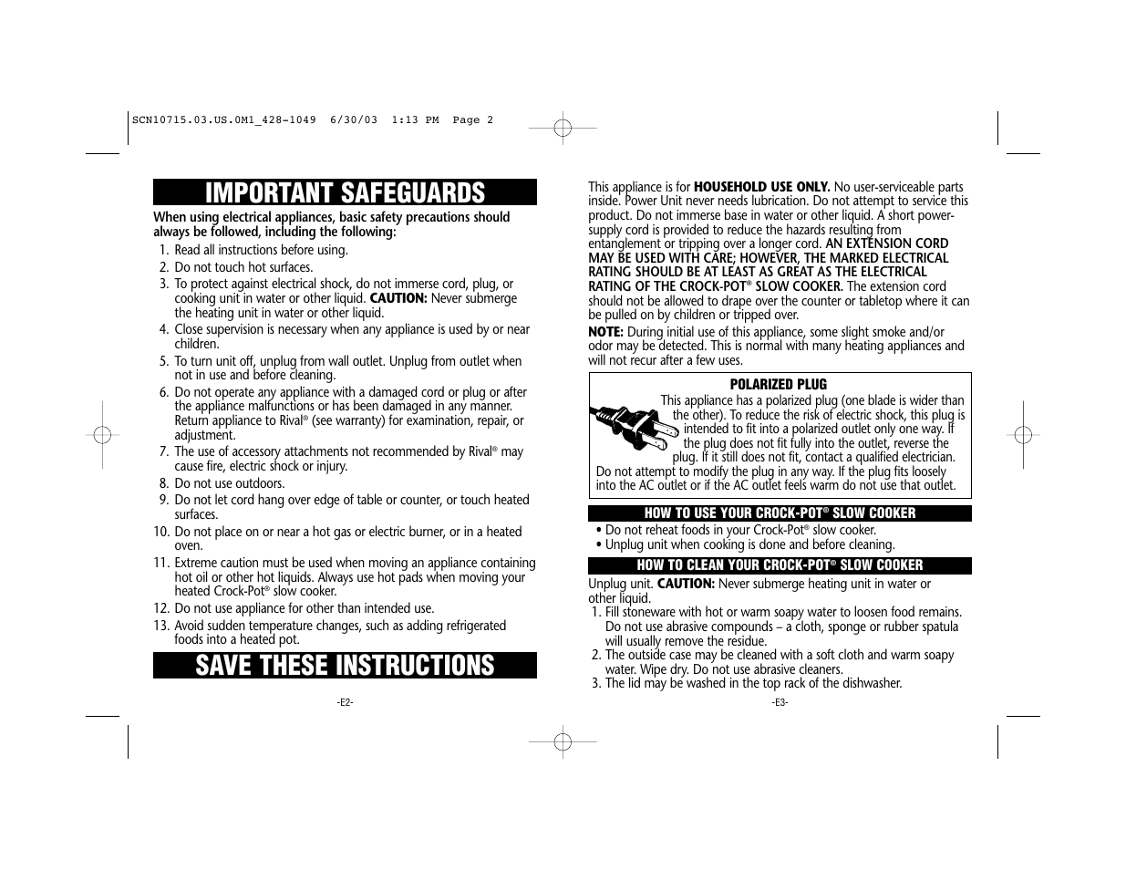 Important safeguards, Save these instructions | Rival SCN10715 User Manual | Page 2 / 3