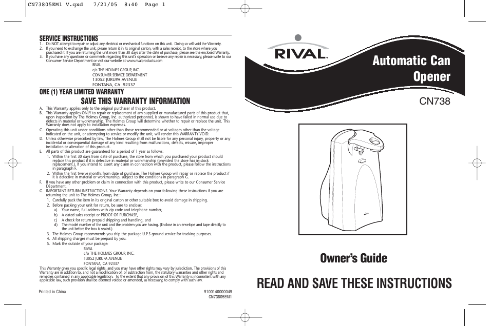 Rival CN738 User Manual | 4 pages