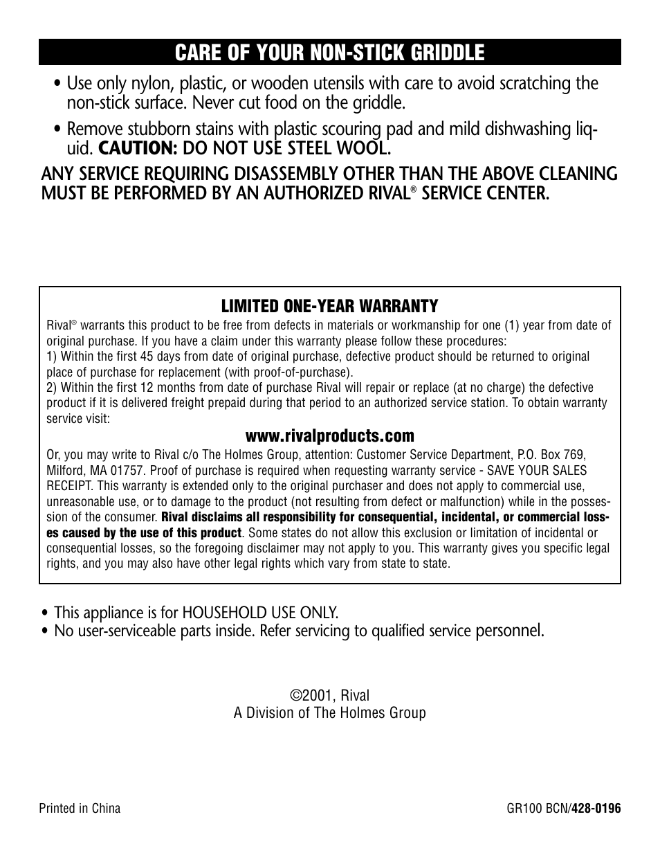 Care of your non-stick griddle, Service center | Rival GR100 User Manual | Page 6 / 6