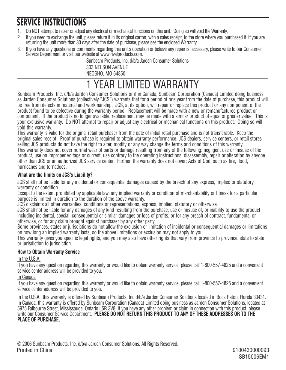 1 year limited warranty, Service instructions | Rival SB150 User Manual | Page 8 / 8