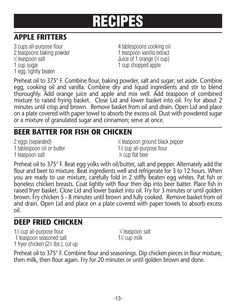 Recipes, Apple fritters, Beer batter for fish or chicken | Deep fried chicken | Rival COOL ZONE CZF630 User Manual | Page 13 / 16