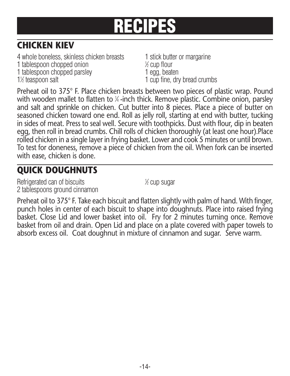 Recipes, Chicken kiev, Quick doughnuts | Rival COOL ZONE CZF630 User Manual | Page 14 / 16