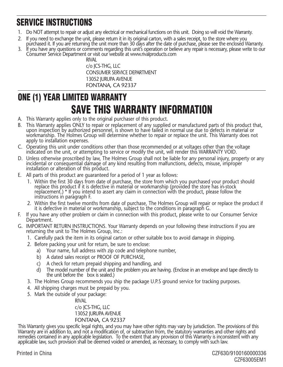Save this warranty information, One (1) year limited warranty, Service instructions | Rival COOL ZONE CZF630 User Manual | Page 16 / 16