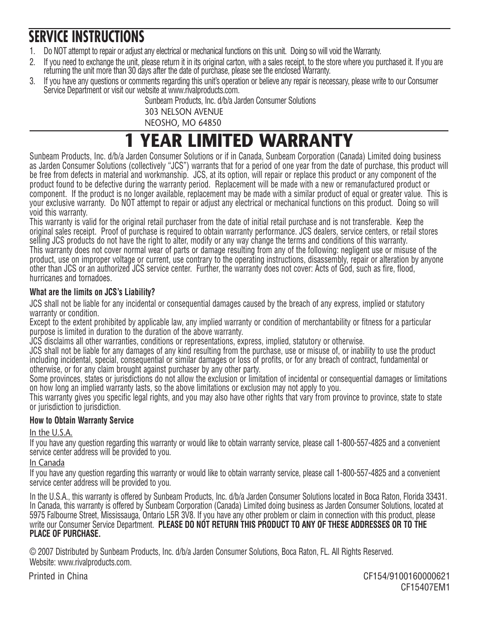 1 year limited warranty, Service instructions | Rival SURERELEASE CF154 User Manual | Page 16 / 16