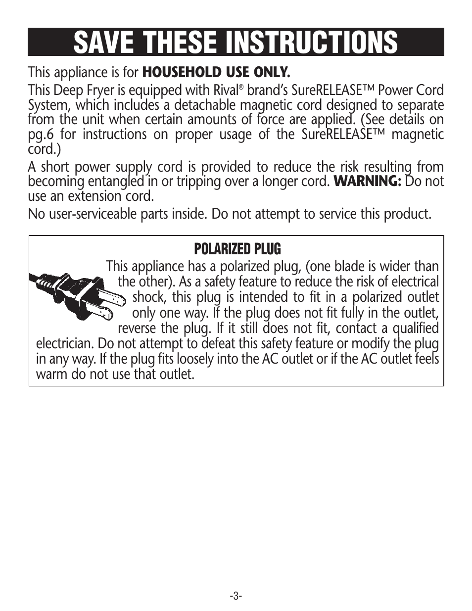Save these instructions | Rival SURERELEASE CF154 User Manual | Page 3 / 16