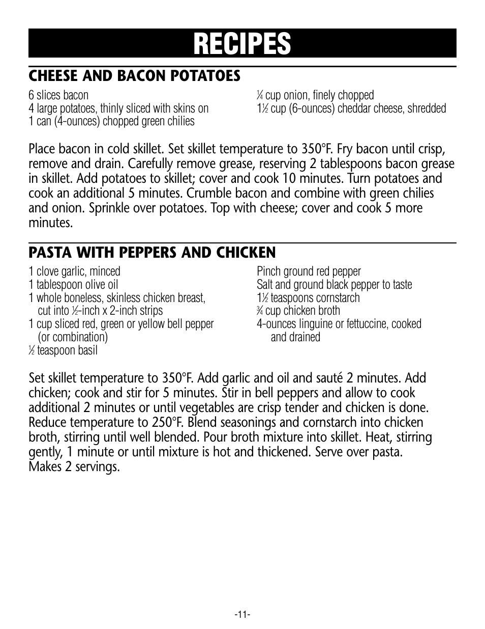 Recipes, Cheese and bacon potatoes, Pasta with peppers and chicken | Rival S16RB User Manual | Page 11 / 16