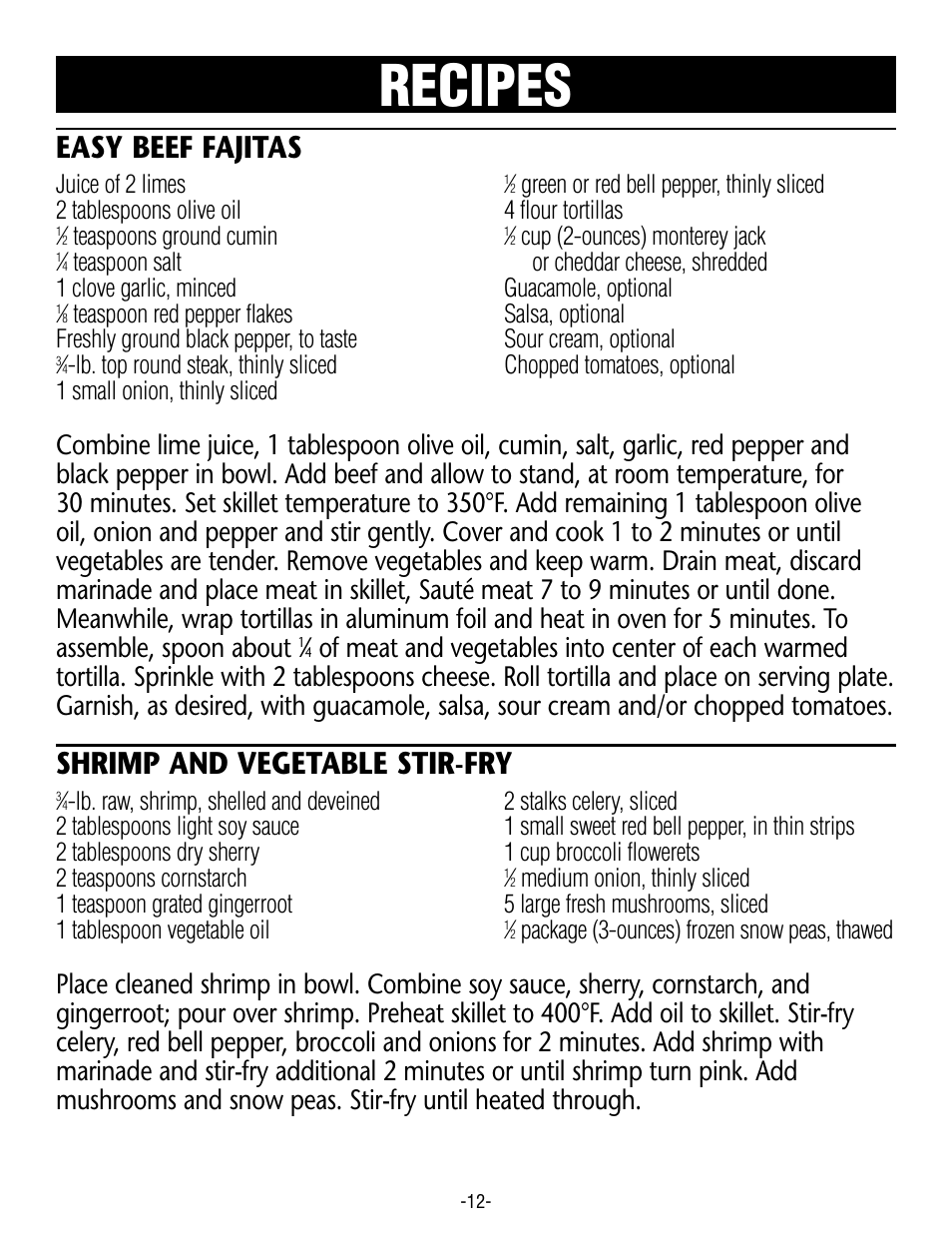 Recipes, Easy beef fajitas, Shrimp and vegetable stir-fry | Rival S16RB User Manual | Page 12 / 16
