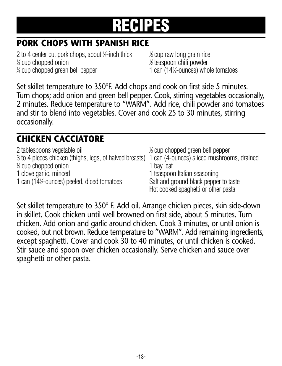 Recipes, Pork chops with spanish rice, Chicken cacciatore | Rival S16RB User Manual | Page 13 / 16