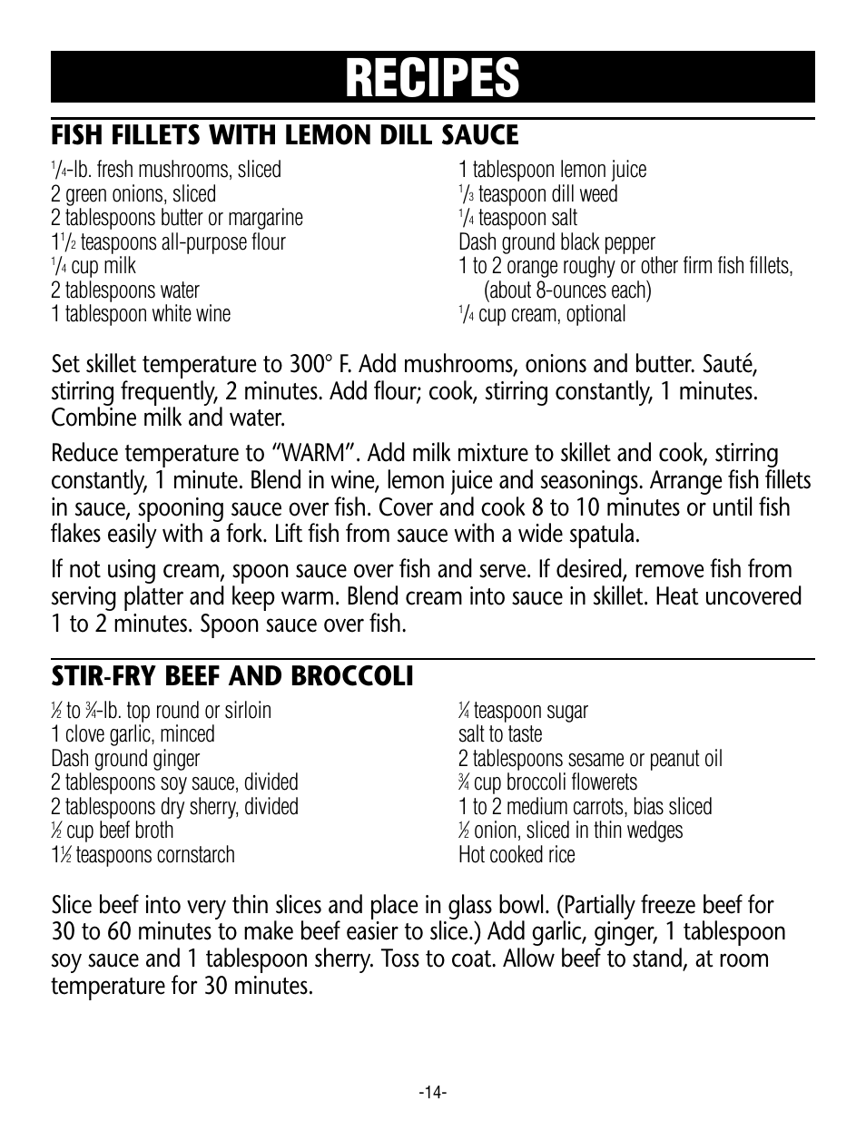 Recipes, Fish fillets with lemon dill sauce, Stir-fry beef and broccoli | Teaspoon salt 1, Cup cream, optional, Lb. top round or sirloin, Cup beef broth, Onion, sliced in thin wedges 1, Teaspoons cornstarch hot cooked rice | Rival S16RB User Manual | Page 14 / 16