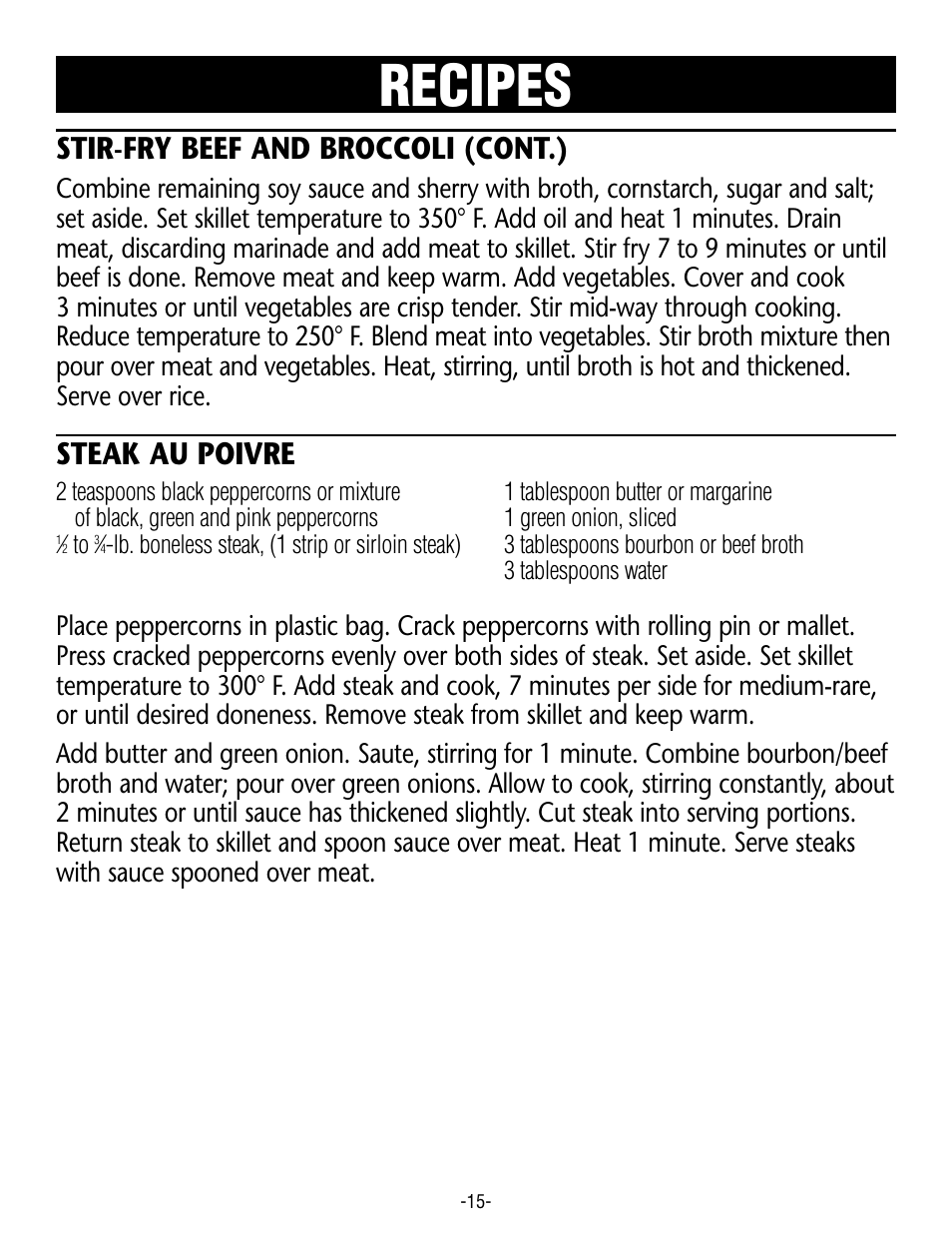 Recipes, Stir-fry beef and broccoli (cont.), Steak au poivre | Rival S16RB User Manual | Page 15 / 16
