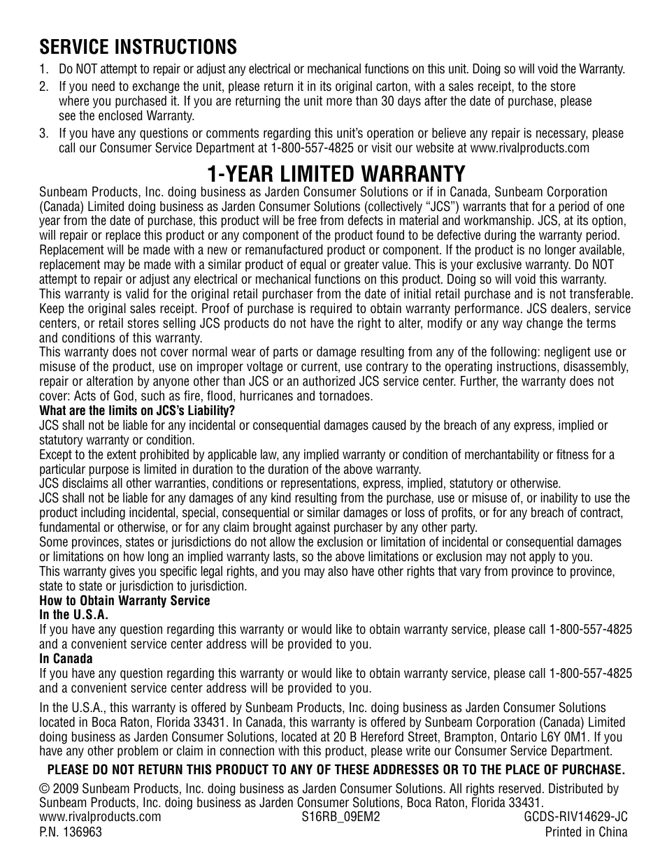 Year limited warranty, Service instructions | Rival S16RB User Manual | Page 16 / 16