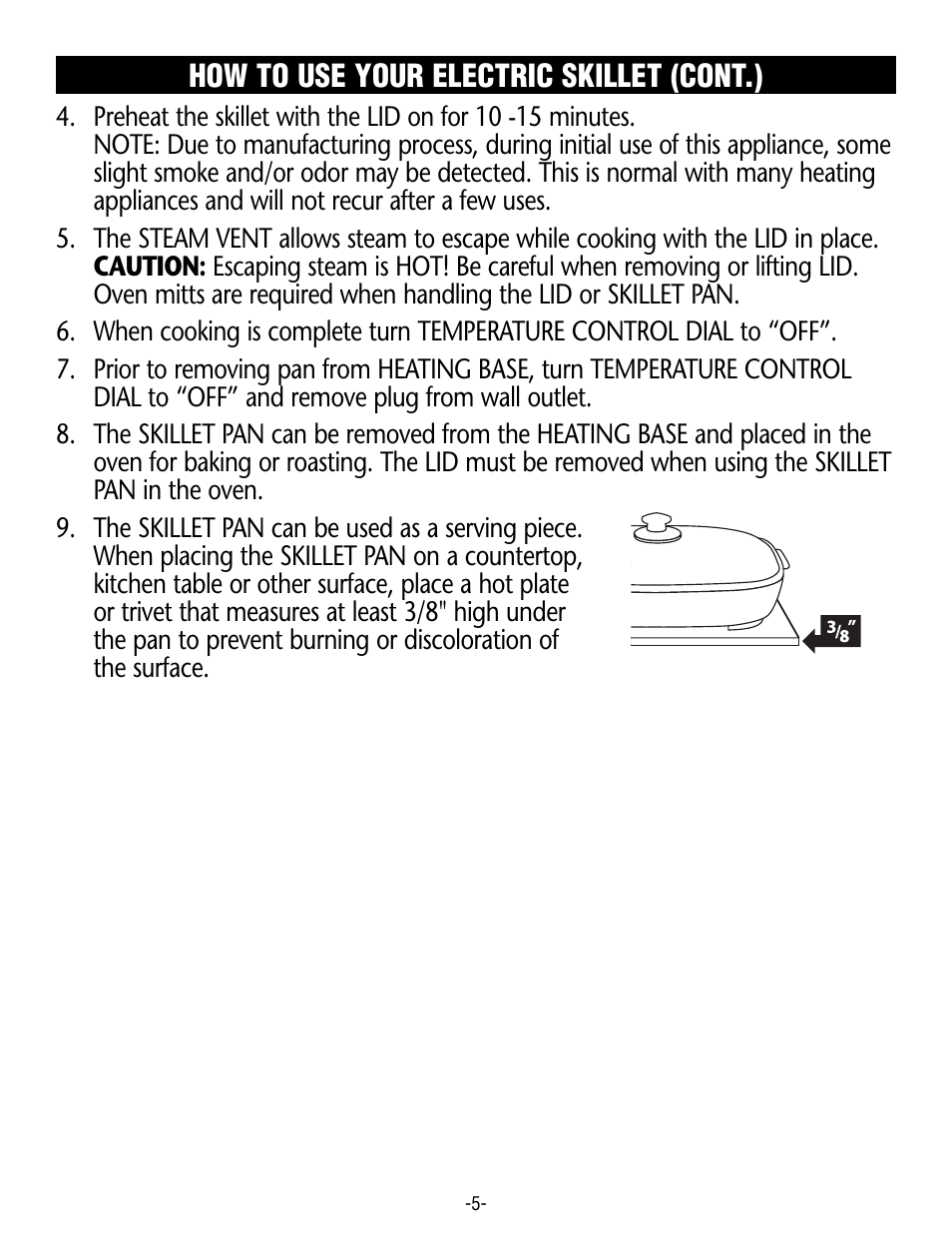 How to use your electric skillet (cont.) | Rival S16RB User Manual | Page 5 / 16