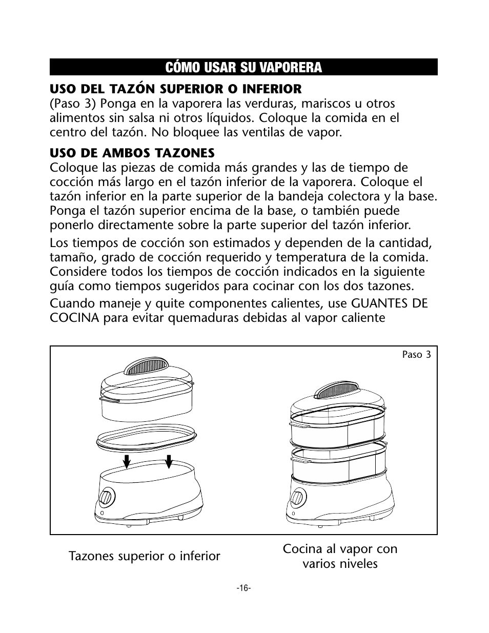 Cómo usar su vaporera | Rival CKRVSTLM20 User Manual | Page 16 / 24