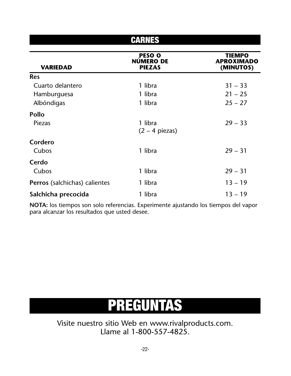 Preguntas, Carnes | Rival CKRVSTLM20 User Manual | Page 22 / 24