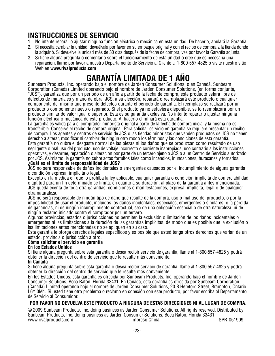 Garantía limitada de 1 año, Instrucciones de servicio | Rival CKRVSTLM20 User Manual | Page 23 / 24