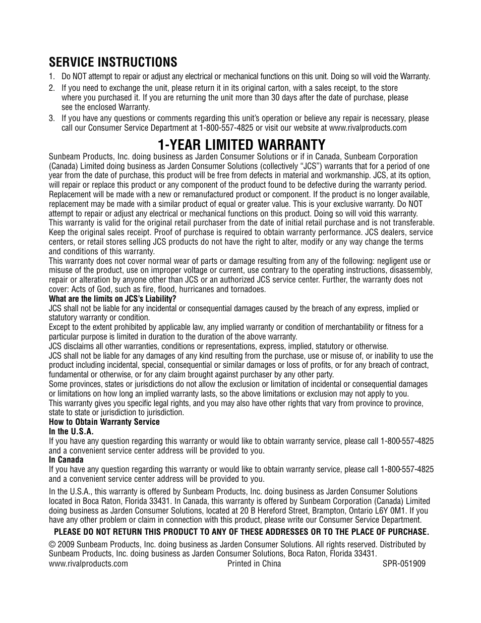 Year limited warranty, Service instructions | Rival CKRVSTLM20 User Manual | Page 24 / 24