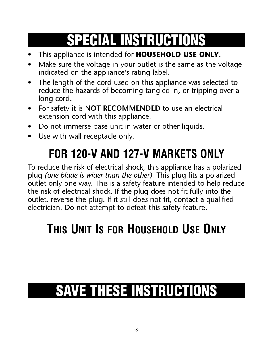 Special instructions save these instructions | Rival CKRVSTLM20 User Manual | Page 3 / 24