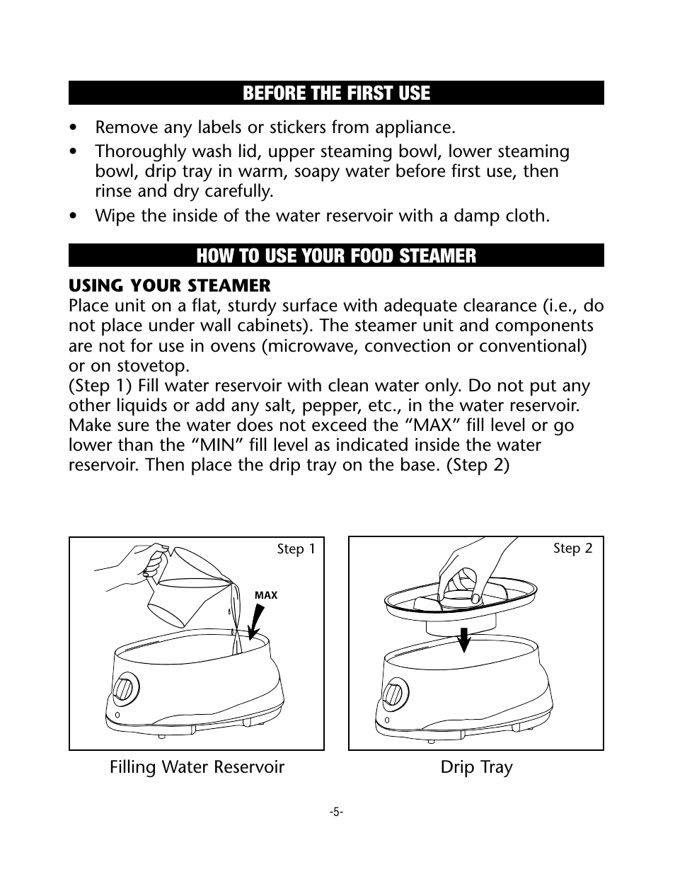 How to use your food steamer before the first use | Rival CKRVSTLM20 User Manual | Page 5 / 24