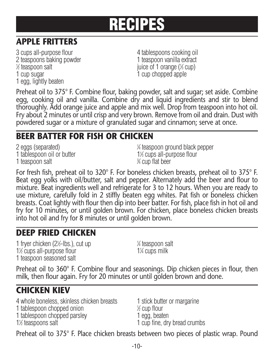 Recipes, Apple fritters, Beer batter for fish or chicken | Deep fried chicken, Chicken kiev | Rival CF106 User Manual | Page 10 / 12