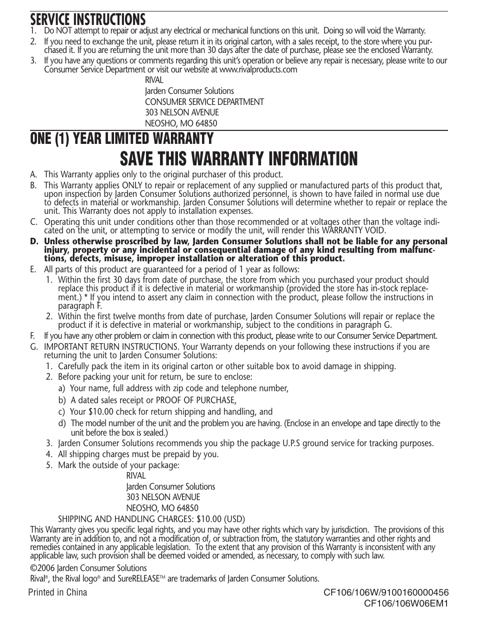 Save this warranty information, Service instructions, One (1) year limited warranty | Rival CF106 User Manual | Page 12 / 12