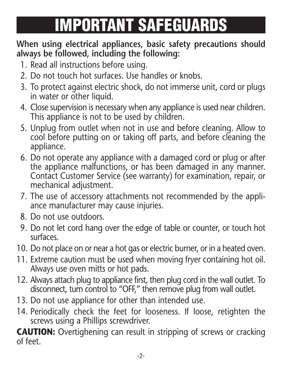 Important safeguards | Rival CF106 User Manual | Page 2 / 12