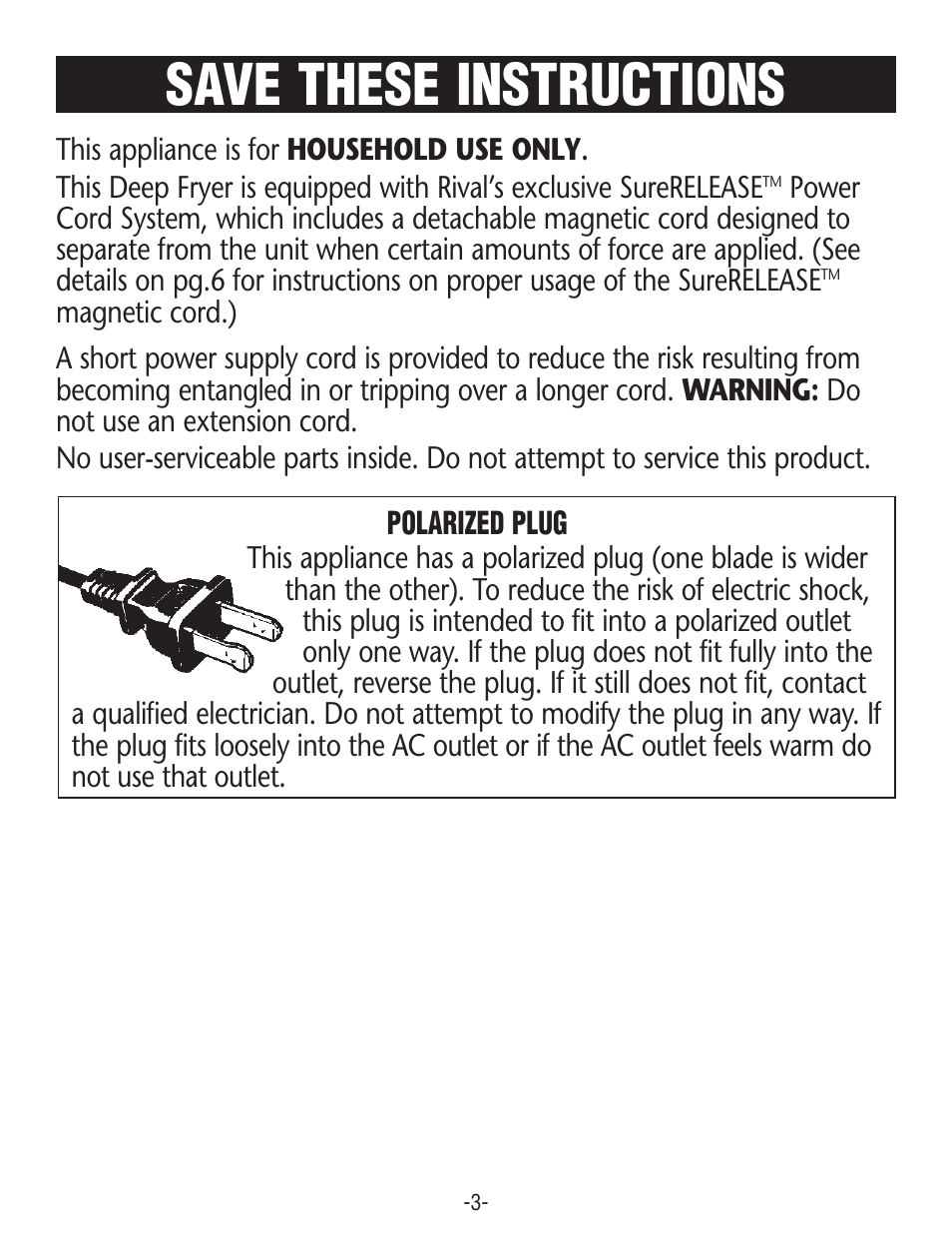 Save these instructions | Rival CF106 User Manual | Page 3 / 12