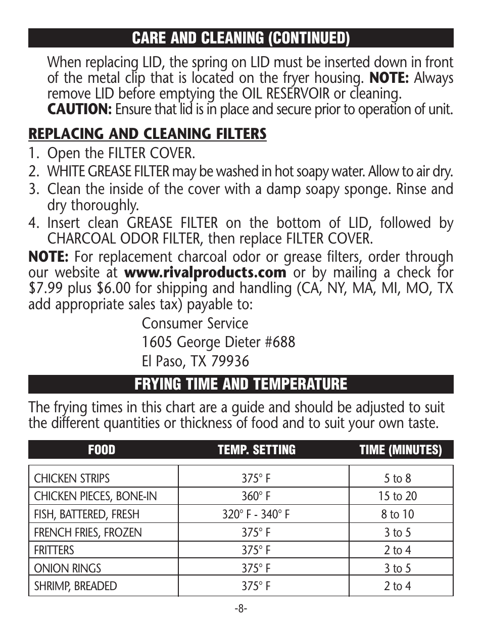 Care and cleaning (continued) | Rival CF106 User Manual | Page 8 / 12