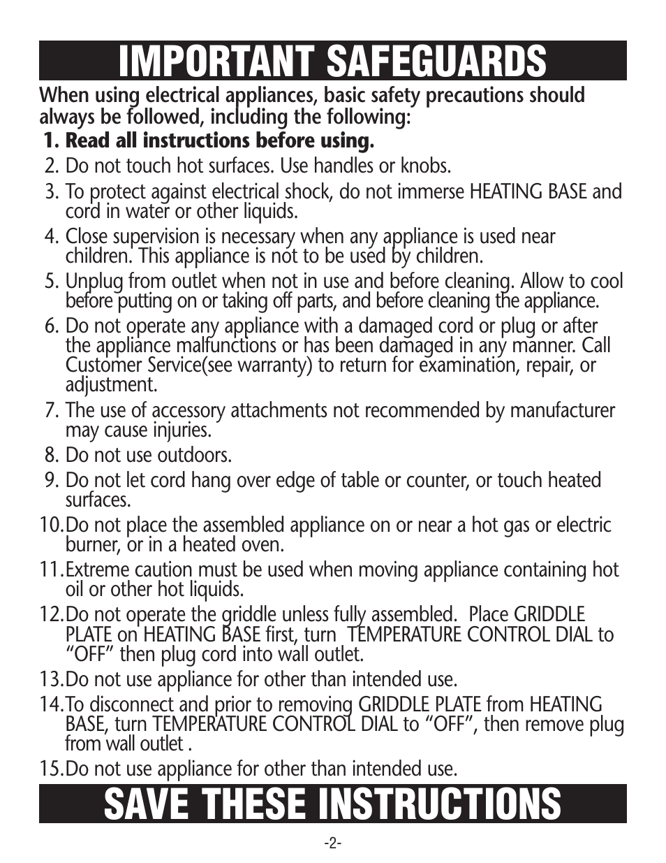 Save these instructions, Important safeguards | Rival GR225 User Manual | Page 2 / 8