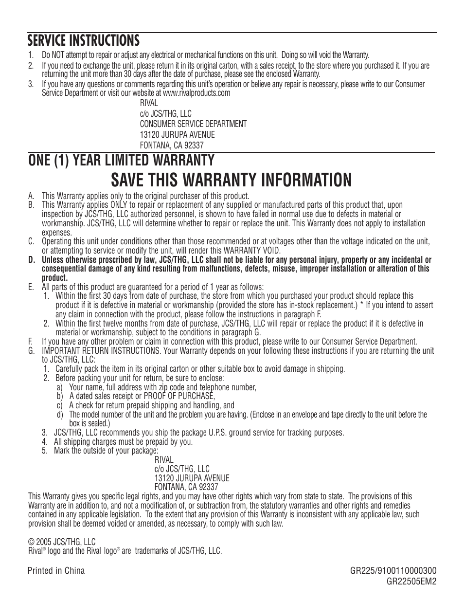 Save this warranty information, One (1) year limited warranty, Service instructions | Rival GR225 User Manual | Page 8 / 8