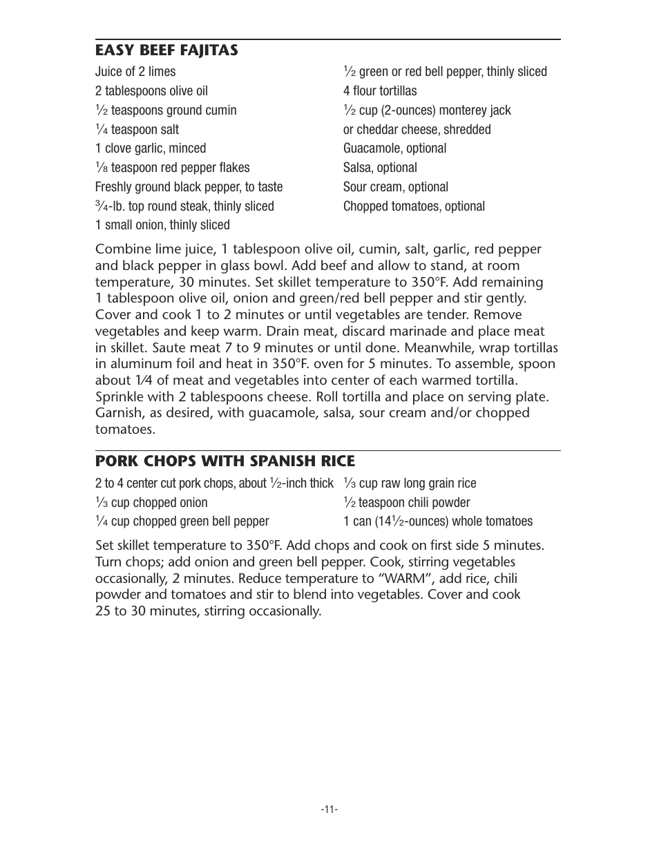 Easy beef fajitas, Pork chops with spanish rice | Rival S11P User Manual | Page 11 / 16