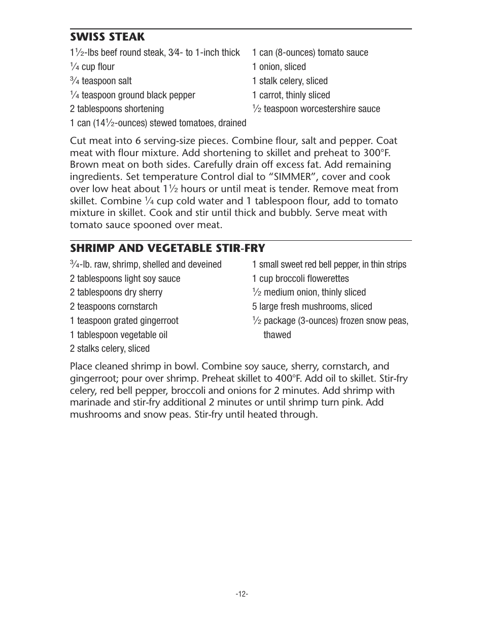Swiss steak, Shrimp and vegetable stir-fry | Rival S11P User Manual | Page 12 / 16