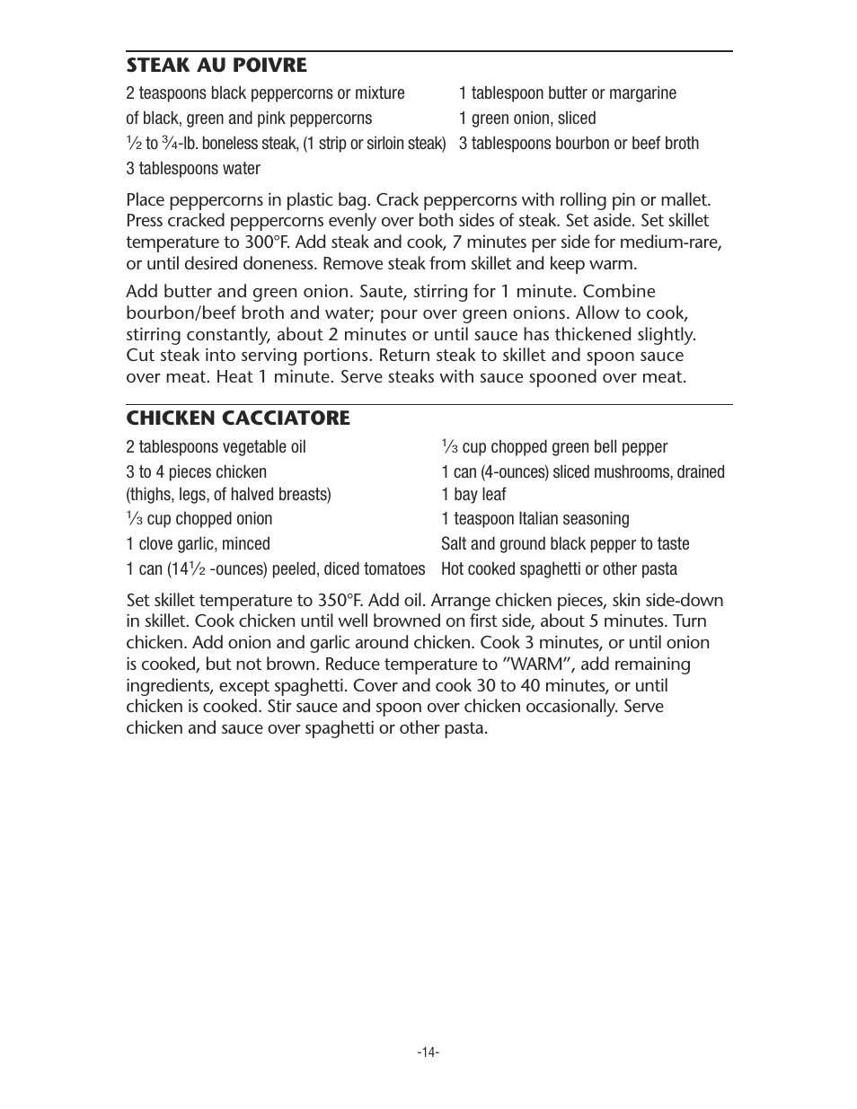 Steak au poivre, Chicken cacciatore | Rival S11P User Manual | Page 14 / 16
