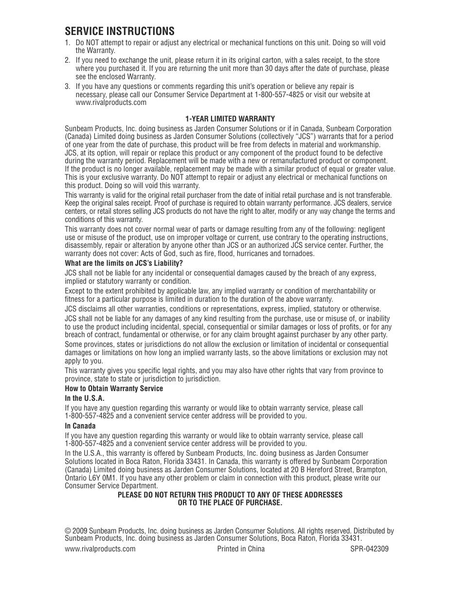Service instructions | Rival S11P User Manual | Page 16 / 16