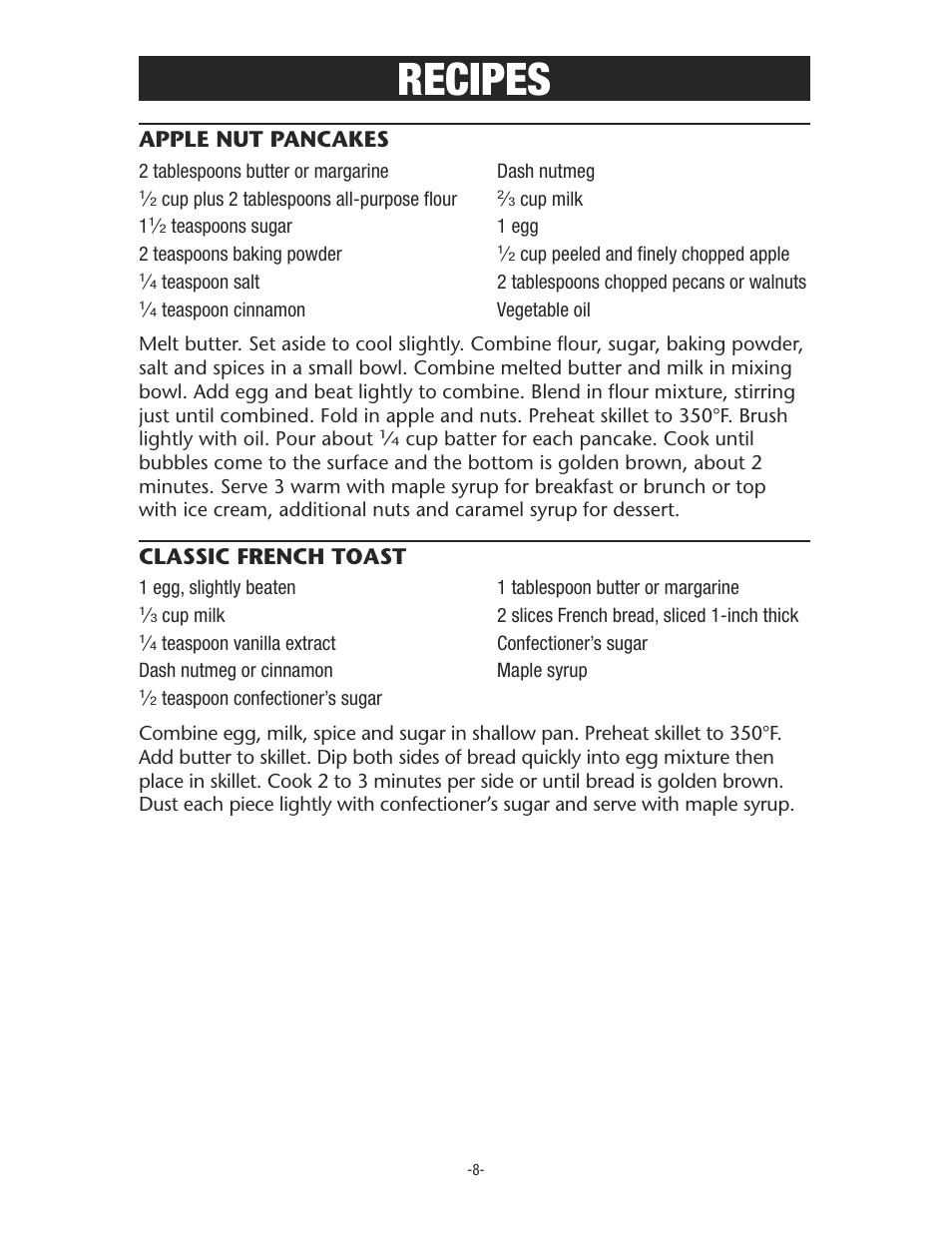Recipes, Apple nut pancakes, Classic french toast | Rival S11P User Manual | Page 8 / 16