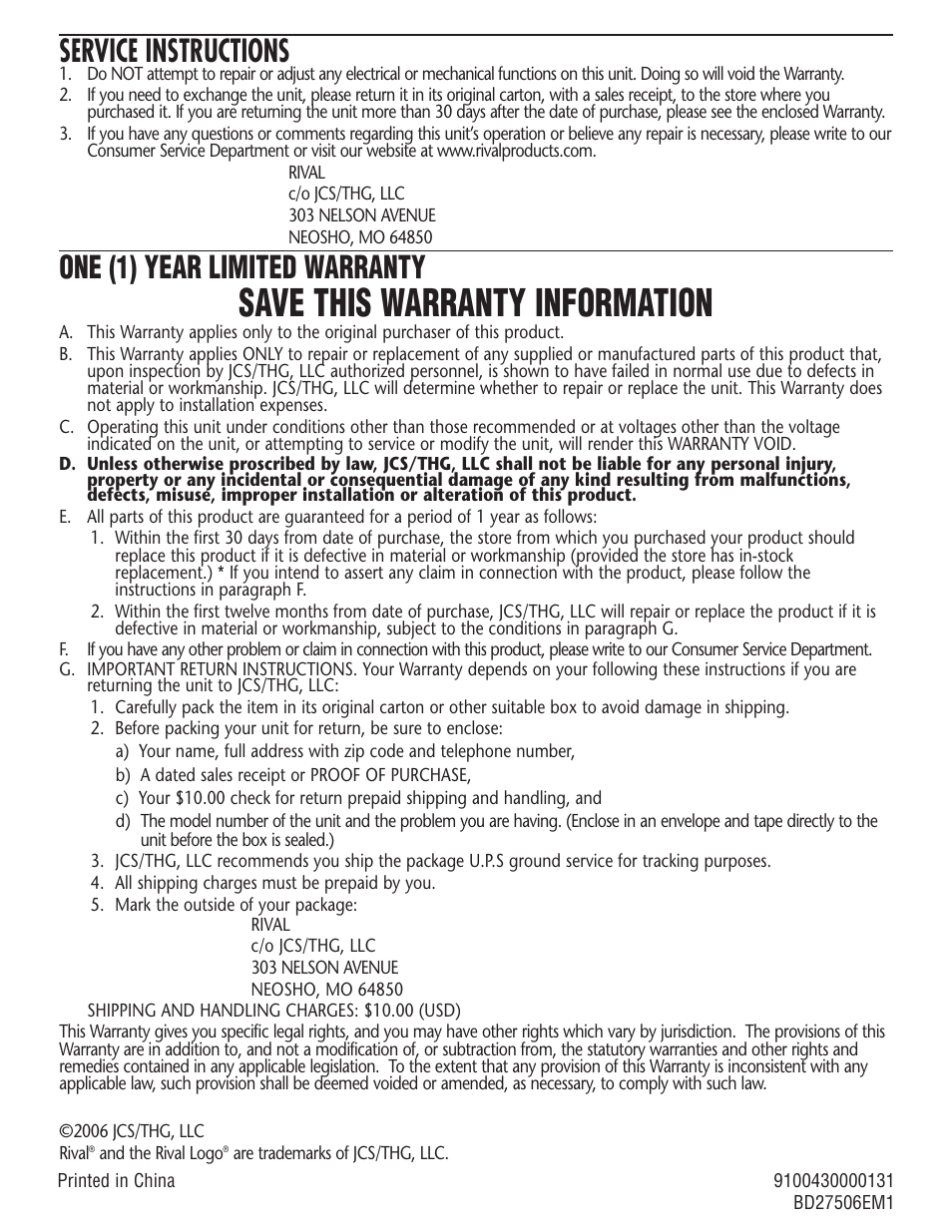 Save this warranty information, Service instructions, One (1) year limited warranty | Rival BD275 User Manual | Page 8 / 8
