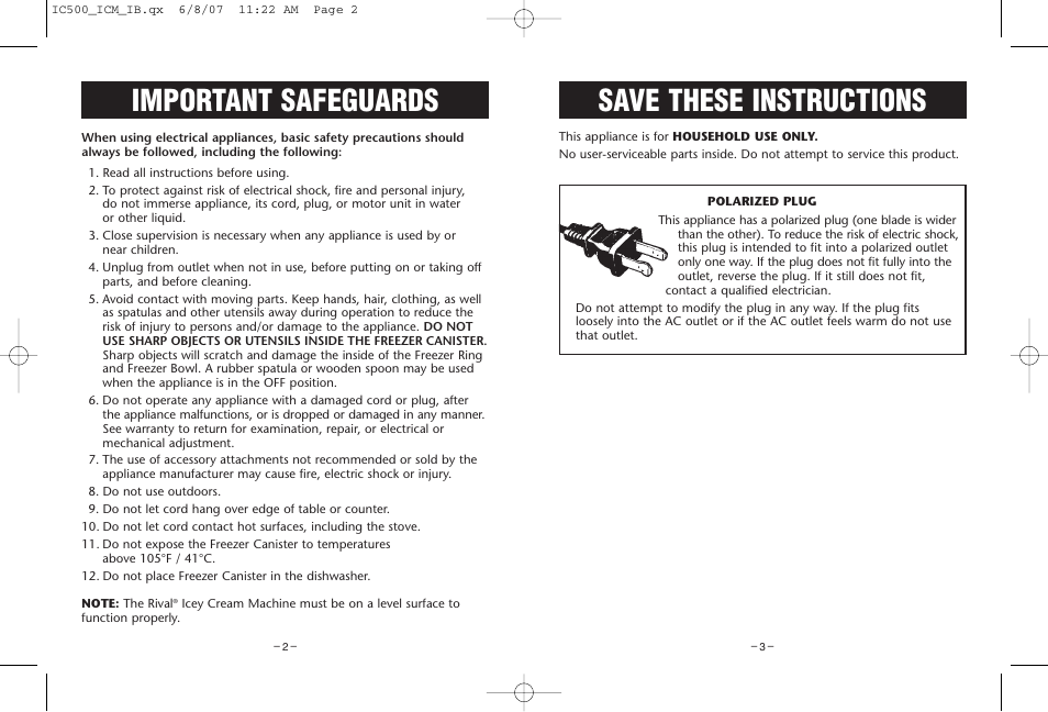 Important safeguards, Save these instructions | Rival IC500 User Manual | Page 2 / 12